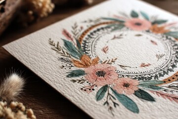 Fototapeta premium Hand-painted Boho Wedding Invitation on Kraft Paper with Watercolor Florals and Feathers