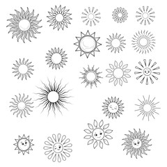 The sun with eyes smiles, a set of black and white sketches. Vector illustration. Collection of symbols of sunny weather, summer, joy and sun rays and energy, isolated on a white background.