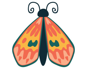 Folk art butterfly with orange and yellow wings featuring blue decorative spots. Hand drawn whimsical insect in scandinavian style for kids posters, greeting cards and stickers