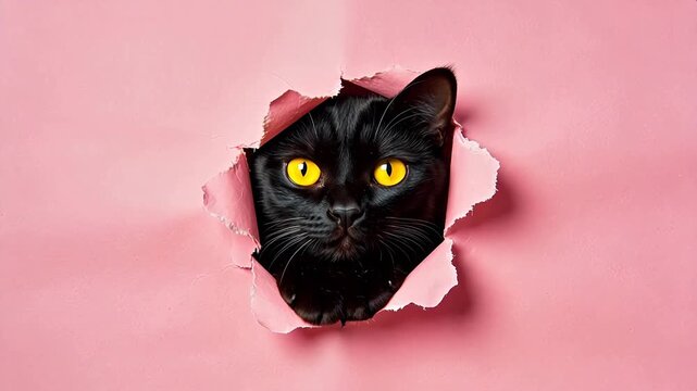 Black cat with yellow eyes through torn paper