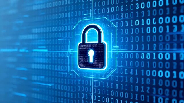 Digital padlock on binary code background