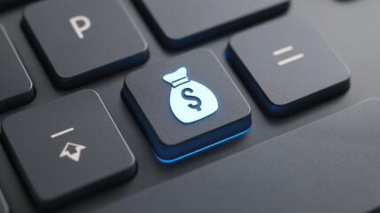 Close-Up of Modern Computer Keyboard Featuring Unique Iconic Button with Dollar Symbol Illuminated