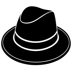 A black and white illustration of a fedora hat viewed from a slight angle on a plain background
