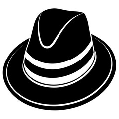 Illustration of a black fedora hat with white trim on a white background from a front viewpoint