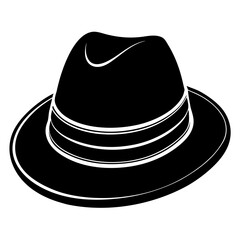 A black fedora hat with white trim, illustrated in a simple graphic style, viewed from the front.