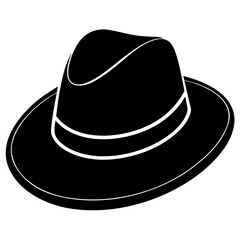 A black fedora hat with a white outline on a transparent background is viewed from above