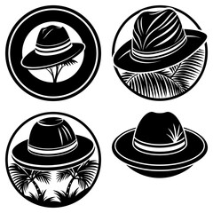 Four black hat illustrations with different designs in circular frames showcasing various hat styles and tropical elements