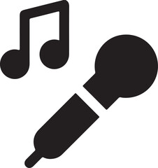 Microphone and Music Note Icon - Minimalist Audio Vector, Bold Vocal Mic with Musical Note - Black Entertainment Glyph