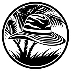 A black and white illustration of a hat surrounded by tropical plants and grass in a circular frame from a front viewpoint