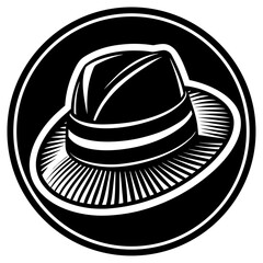 Monochrome illustration of a fedora hat in a circular frame with sunburst effect