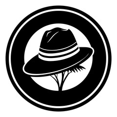 A black hat with white trim centered in a circular frame, surrounded by a minimalist tree silhouette design, viewed from the front