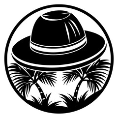 Panama hat surrounded by tropical palm trees in a circular frame