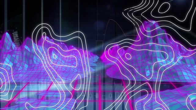 Animation of data processing and isohypses over black background with metaverse landscape