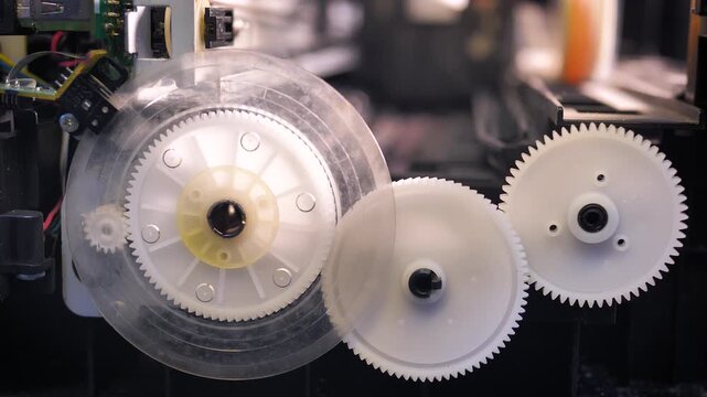 Close-up of rotating printer gears inside a mechanical system, showing precision engineering used in modern 3D printing, automation, manufacturing and digital fabrication workflows