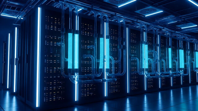 Modern data center with glowing blue servers and futuristic cooling systems