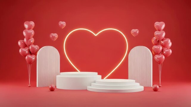 Valentines day scene with white podiums heart shaped balloons on red background