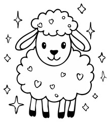 Cute outlined sheep with hearts and sparkling stars on a simple white background