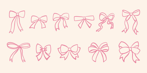 Delicate hand drawn ribbon bows sketches in soft pink lines. Cute doodle elements ideal for invitations, greeting cards, gift wrap, decorations and romantic designs © Helen