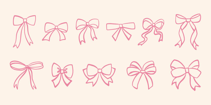 Delicate hand drawn ribbon bows sketches in soft pink lines. Cute doodle elements ideal for invitations, greeting cards, gift wrap, decorations and romantic designs
