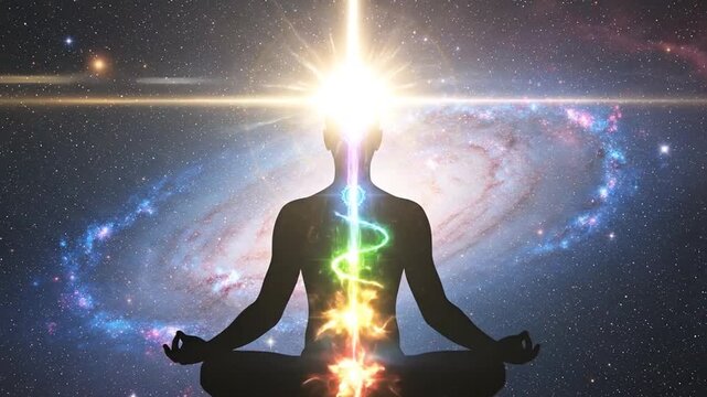 Silhouette of Man Meditating in Cosmic Space 