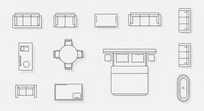 Collection of top down furniture icons for interior design planning.