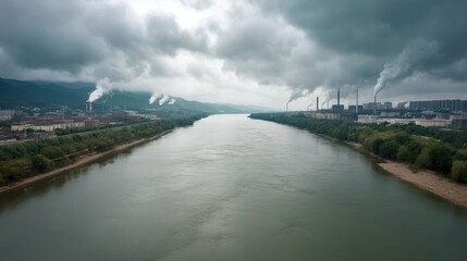 Obraz premium Aerial View of River Surrounded by Industrial Landscape Under Dark Clouds