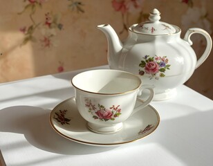 Fototapeta premium A vintage floral porcelain tea set with teacup and teapot arranged in soft natural light, creating a cozy and elegant home lifestyle atmosphere.