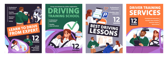 Obraz premium Driving school advertising posters design set. Promotion of drivers' courses, lessons on traffic rules, training for car licenses. Templates for classes of automobile riding. Flat vector illustrations