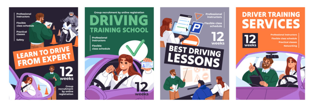 Driving school advertising posters design set. Promotion of drivers' courses, lessons on traffic rules, training for car licenses. Templates for classes of automobile riding. Flat vector illustrations