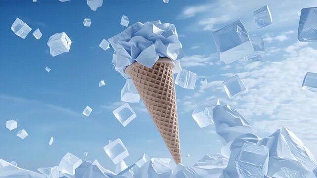Ice Cream Cone Surrounded by Ice Cubes.