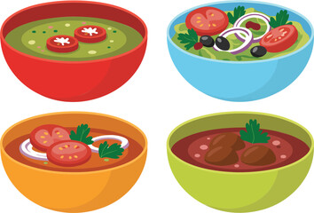 Set of four colorful bowls with soup salad and stew vector illustration isolated on white background