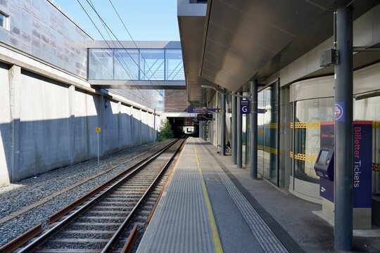 An empty platform at the Vaernes Airport train station in Stjoerdal, Norway.