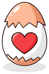 Cracked egg with a bright red heart emerging from inside an adorable cartoon illustration
