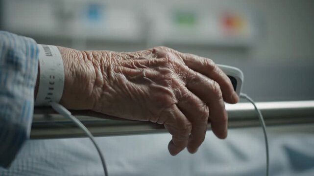 Close-Up of an Elderly Patients Hand Gripping a Hospital Bed Side Rail with a Medical ID Band and a Pulse Oximeter Sensor Monitor