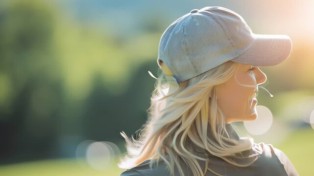 Woman wearing baseball cap outdoors smiling.
