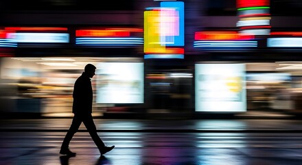 Silhouette Man Walking at Night on Neon Busy Street