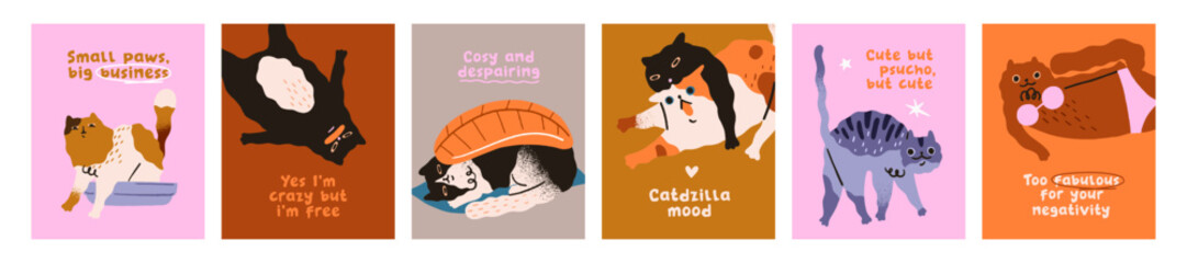 Set of greeting cards designs with cute cats and comic phrases. Festive layouts with silly and crazy kitte. Postcard templates with funny kitties in different poses. Flat vector illustrations © Paper Trident
