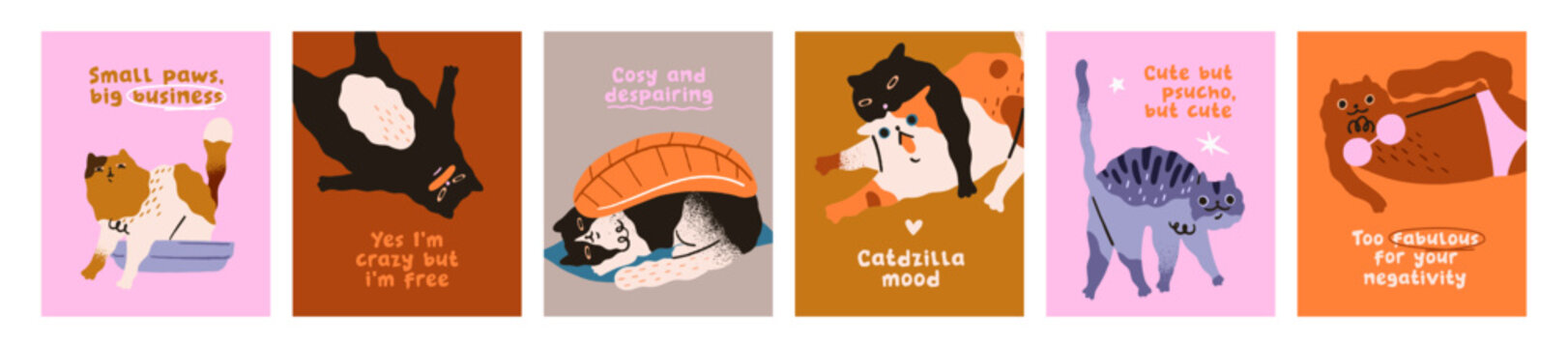 Set of greeting cards designs with cute cats and comic phrases. Festive layouts with silly and crazy kitte. Postcard templates with funny kitties in different poses. Flat vector illustrations