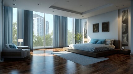 Contemporary bedroom with city view and warm accents