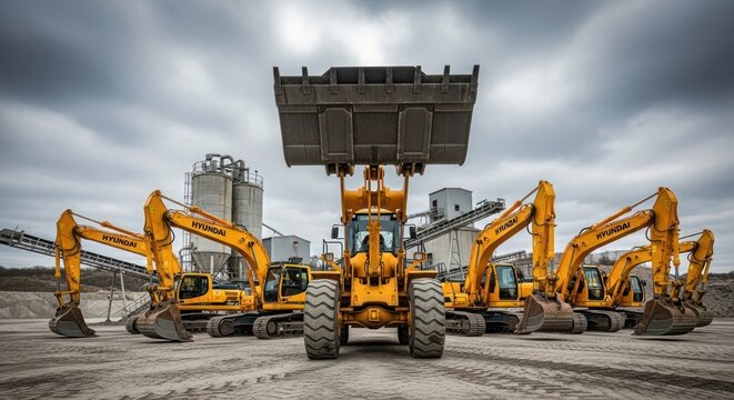 Heavy machinery, excavators, loaders, construction equipment, industrial vehicles at work site under cloudy sky
