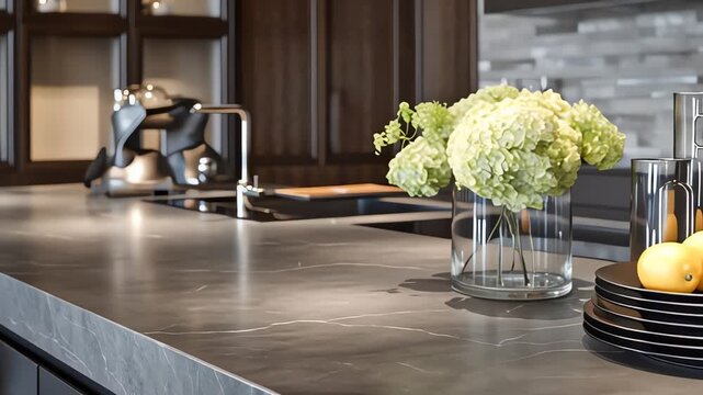 Modern kitchen countertop with fruit and flowers.