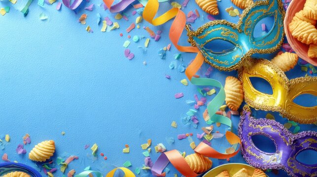 Masquerade masks with confetti ribbons on a blue background for celebration stock photo