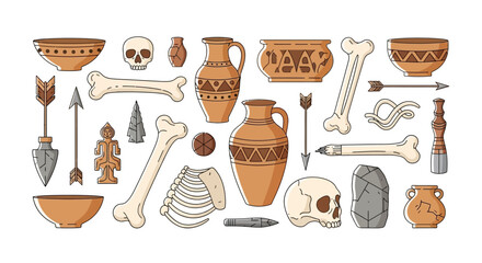 Illustration of various anthropology-related icons, including bones, skulls, pottery, and tools, arranged in a flat lay against a clean white background.