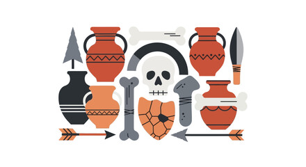 Vector illustration of World Anthropology Day icons including a skull, vases, shield, and arrows on a white background, symbolizing cultural and historical elements.