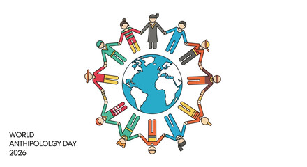 Vector illustration of diverse people around the globe celebrating World Anthropology Day 2026 with colorful iconography.
