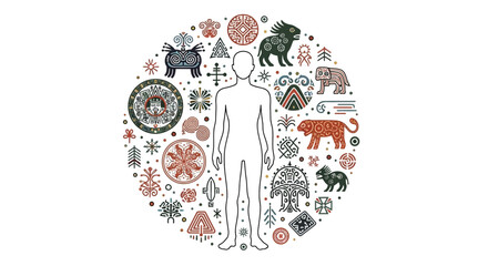 Illustration of a human figure surrounded by various icons and symbols representing Anthropology on World Anthropology Day, against a clean white background.