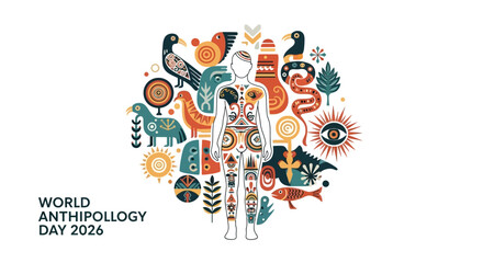 Vector illustration of people and cultural symbols celebrating World Anthropology Day 2026 with vibrant colors, icons, and patterns on a graphic design.