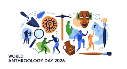 Illustration for World Anthropology Day Anthropology symbol with various icons on America map against clean background.