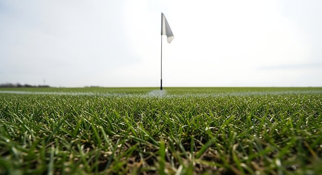 The field is green with flagpoles and white sky.