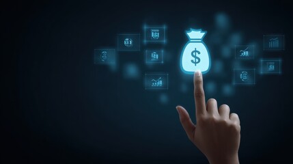 Fototapeta premium Hand Interacting with Digital Financial Symbols on a Virtual Screen, Representing Modern Technology and Business Concepts